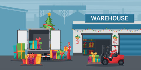 Exterior of a warehouse decorated with christmas  lights.  Santa Claus driving a forklift loading gifts to a container truck. Christmas campaign for cargo logistics and shipping of merchandise