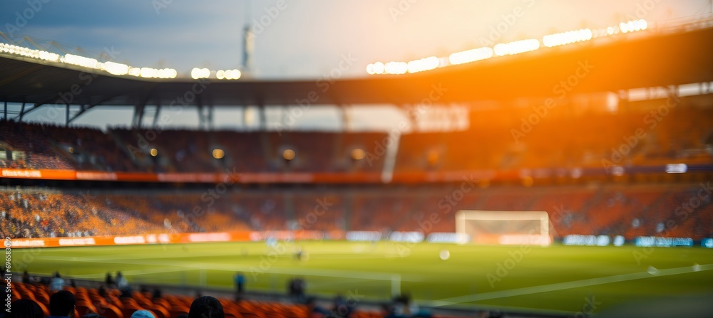 Poster blurred bokeh effect stadium with cheering fans, illuminated by game lights, with blurred action.