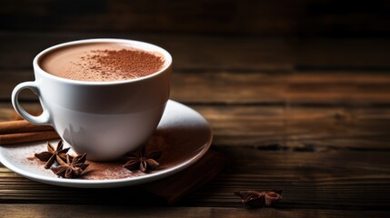  a cup of hot chocolate sits on a saucer with cinnamons and star anise on a wooden table.