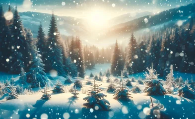 Gordijnen Winter landscape with snowy fir trees in the mountains. Christmas background © Serjio