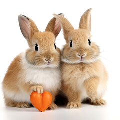 Obraz premium Two fluffy rabbits with a heart-shaped carrot