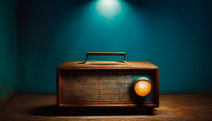 Wooden table in the center of a room with a small old-fashioned radio on it with a colored magical aura around it. Free for copy space. World Radio Day proclaimed by UNESCO.