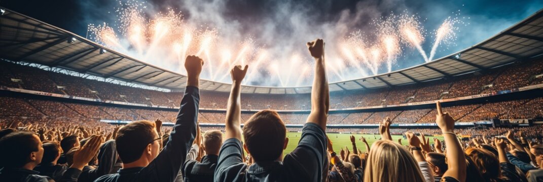 Blurred bokeh effect  vibrant sports stadium with cheering fans and action blurred in foreground