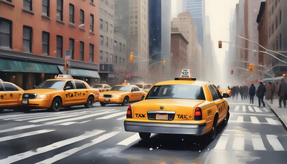 New York City street with taxi: watercolor art painting capturing urban landscape, architecture and...