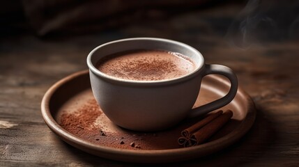  a cup of hot chocolate sitting on top of a saucer with cinnamons on a saucer next to it.