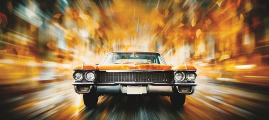 Foto op Canvas Vibrant car showroom scenes with blurred bokeh effect and vintage car icons for dazzling backdrop © Ilja