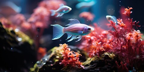 featuring red Tetra GloFish swimming in a captivating blue aquarium. 