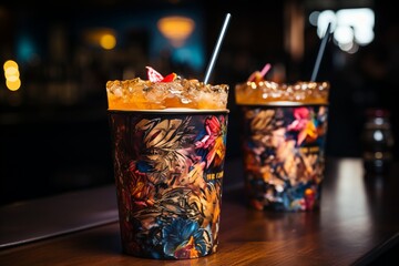 Close-up of two beautifully decorated cocktail glasses filled with colorful cocktail and ice