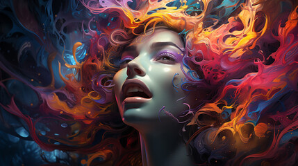 Woman with artful illustration depicting psychedelic effects, AI Generated