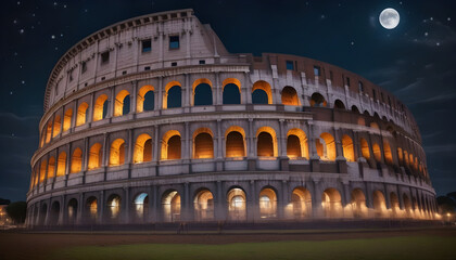 Rome's Colosseum at night under a full moon, stars scattered across the sky, lights illuminating the ruins, a dramatic contrast to the dark sky
