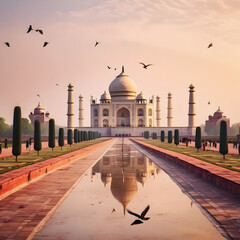 Naklejka premium Taj Mahal at sunset while birds flying around, as seen from Mehtab Bagh viewpoint, Agra