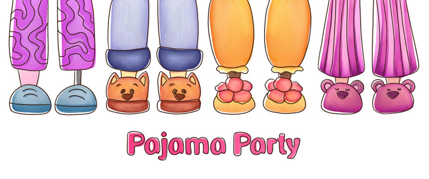 pink Pajama party. Legs in funny fluffy comfort slippers on transparent background. slumber watercolor style for kids. invitation to birthday celebration in comfortable shoes, clothes. Good night