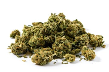 Heap of organic marijuana buds on white background