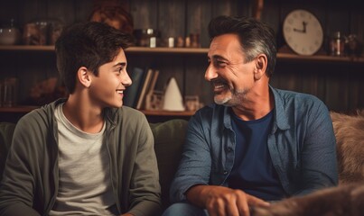 An image of a father and his teenage son chatting at home. They have a good time and share their feelings and thoughts, showing their connection and care.