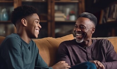 A snapshot of a smiling dad and his teen son talking at their place. They are having fun and confiding in each other, demonstrating their support and affection. - obrazy, fototapety, plakaty