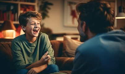 Image of a happy teenage son and his father talking in their home. They have fun and reveal their secrets, showing their connection and affection. - obrazy, fototapety, plakaty