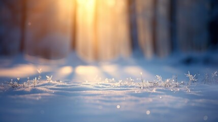  the sun shines brightly through the trees in the snow covered area of a wooded area with snow flakes on the ground and grass in the foreground. - obrazy, fototapety, plakaty