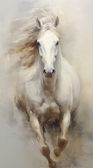 White horse in motion, ideal for decoration and art collections. Illustration in style of oil painting, rough brush strokes. Vertical format