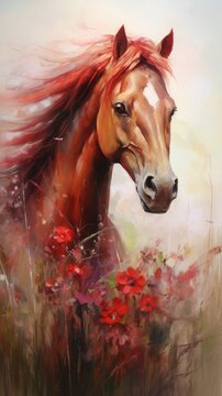 Majestic red horse with a flowing mane, surrounded by vibrant red flowers. Illustration in style of oil painting, rough brush strokes. Ideal for decor or art collections. Vertical format