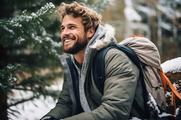 Portrait of young male tourist in outerwear with backpack against snowy spruces. Smiling Caucasian bearded man in winter forest. - obrazy, fototapety, plakaty
