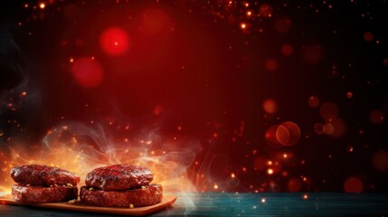  a pair of hamburgers sitting on top of a cutting board on a table with a red light in the background.