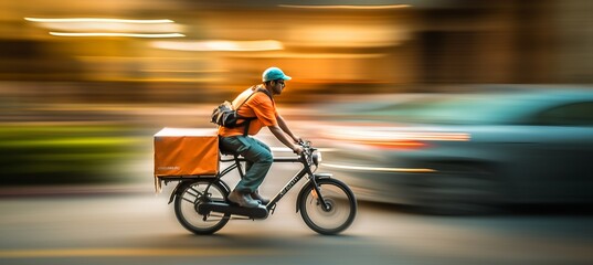 Fototapeta premium Delivery person carrying package in residential neighborhood with blurred bokeh background