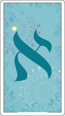 Design for a card of Hebrew tarot. Hebrew letter called Aleph large and blue.