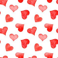 Watercolor seamless pattern of red hearts on a white background. Lovely romantic background for fabric, wallpaper, textile, wrapping. Hand drawn illustration for Valentine's Day.