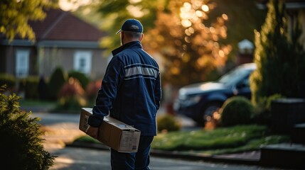 Obraz premium Delivery person carrying package in blurred bokeh background of residential neighborhood