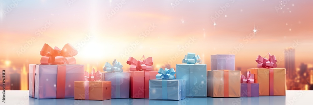 Poster vibrant stack of colorful gift boxes with blurred bokeh background of a retail store window