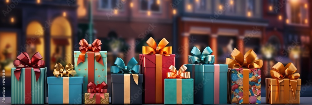 Poster vibrant stack of colorful gift boxes with blurred bokeh background of retail store window