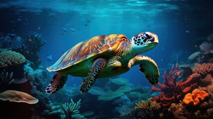 Obraz premium a painting of a turtle swimming in the ocean with corals and other marine life in the background with sunlight streaming through the water.