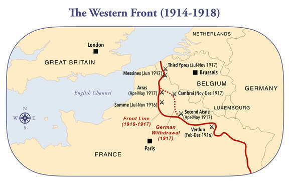 Map of the Western Front and the main battles during first World War.