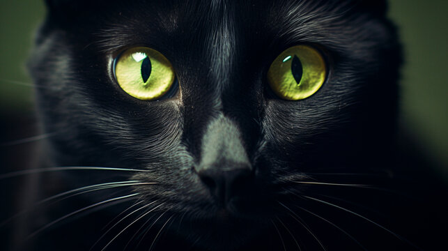 A black cat with yellow eyes in the dark, generative AI