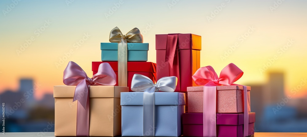 Poster vibrant gift boxes with a mesmerizing blurred bokeh background of a retail store window display.