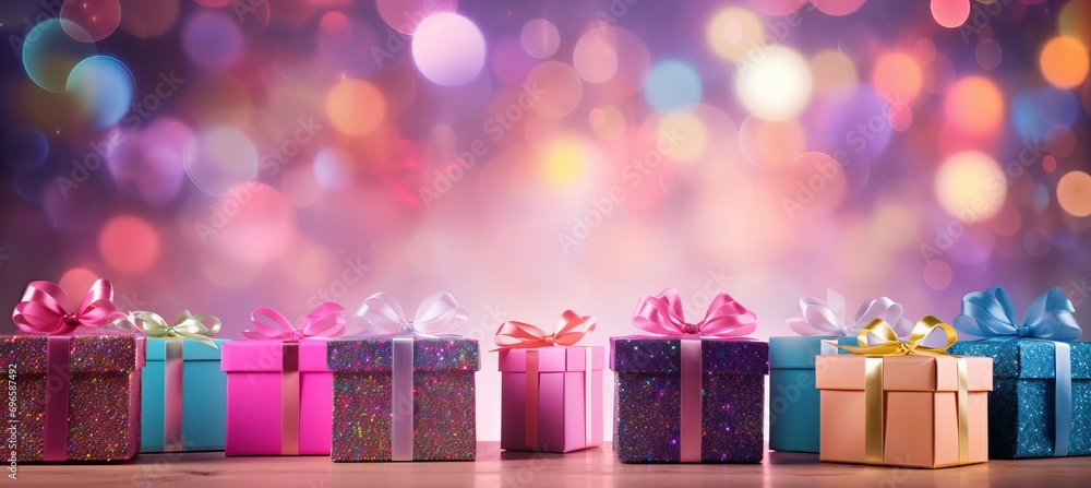 Poster vibrant stack of colorful gift boxes with blurred bokeh background in retail store window