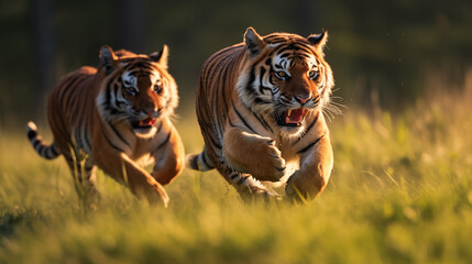 Dois tigres correndo na planice com grama alta no fundo desfocado - Papel de parede com iluminação cinematográfica