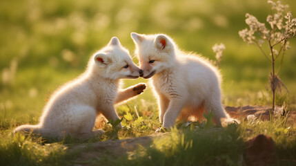 Dois filhotes de raposa albinos brincando na planice com grama alta no fundo desfocado - Papel de parede com iluminação cinematográfica - obrazy, fototapety, plakaty