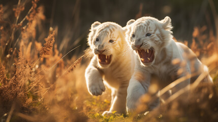 Dois filhotes de tigres albinos brincando na planice com grama alta no fundo desfocado - Papel de parede com iluminação cinematográfica  - obrazy, fototapety, plakaty