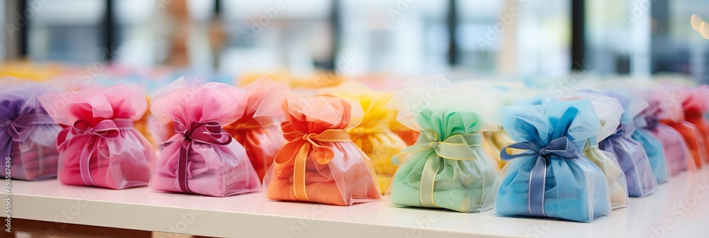 Poster Blurred bokeh  colorful gift boxes with retail store window background and mesmerizing bokeh effect