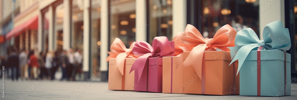 Poster colorful gift boxes stack with blurred bokeh retail window, creating a festive atmosphere