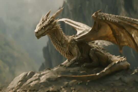 Baby dragon sitting on a rock while the camera zooming out cinematic epic fantasy animation scene
