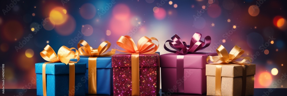 Poster vibrant stack of colorful gift boxes with blurred bokeh background of a retail store window