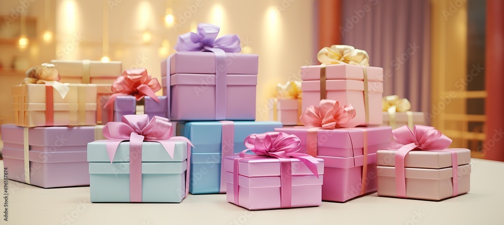 Poster vibrant bokeh effect colorful gift boxes with ribbons and bows against a store window backdrop