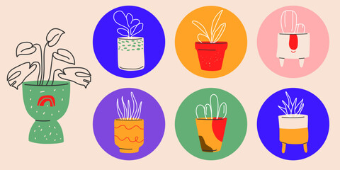 Cactus doodle set.Hand drawn vector illustration,sketch collection of house plants.Natural design elements for stickers,poster,print.Trendy modern style