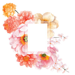 Watercolor frame with spring flowers in peach fuzz color, isolated on transparent background, PNG files, for wedding invitations, cards and posters.