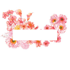 Obraz premium Watercolor frame with spring flowers in peach fuzz color, isolated on transparent background, PNG files, for wedding invitations, cards and posters.