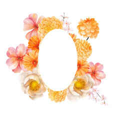 Watercolor frame with spring flowers in peach fuzz color, isolated on transparent background, PNG files, for wedding invitations, cards and posters.