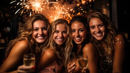 young women group portriat on new year's eve party with champagne and fireworks