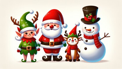 Festive Gathering: Santa Claus, Playful Elf, Red-Nosed Reindeer, and Snowman on White Background